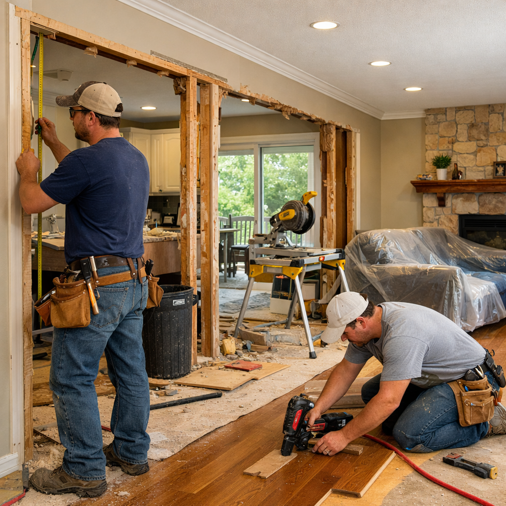 Two workers framing a doorway and laying hardwood flooring in Daphne, AL