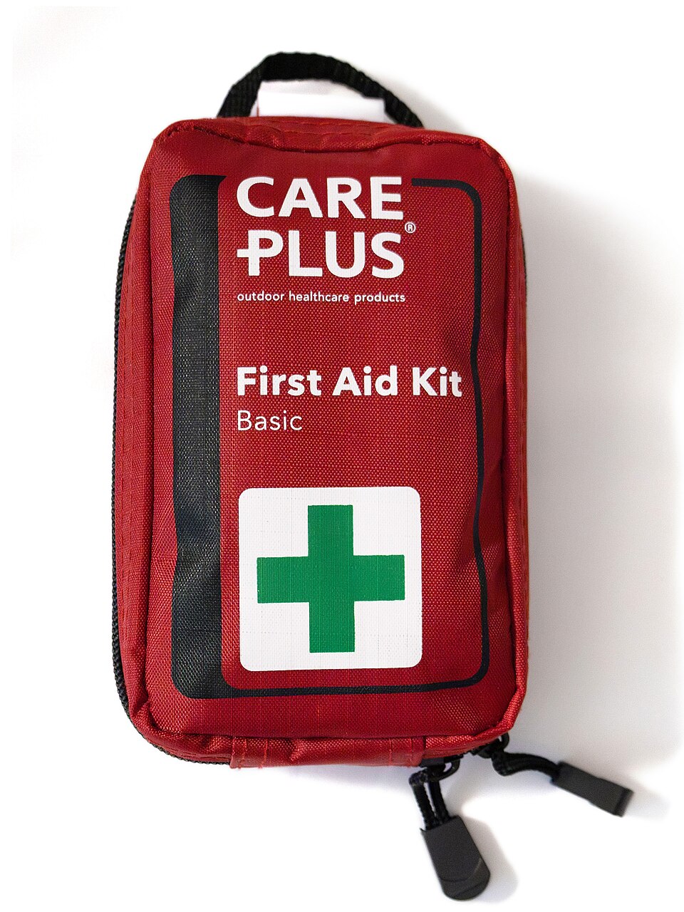 A red zippered pouch labeled First Aid Kit with a green cross, for storm prep in Daphne, AL