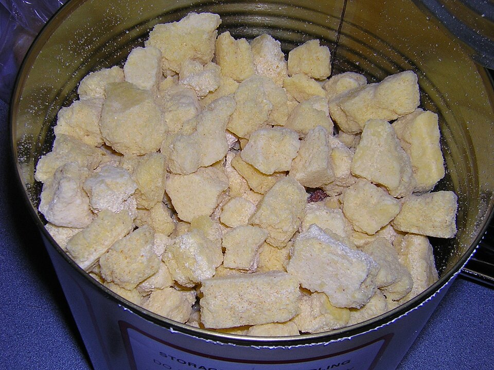An open can of freeze-dried scrambled egg pieces, for storm prep in Daphne, AL