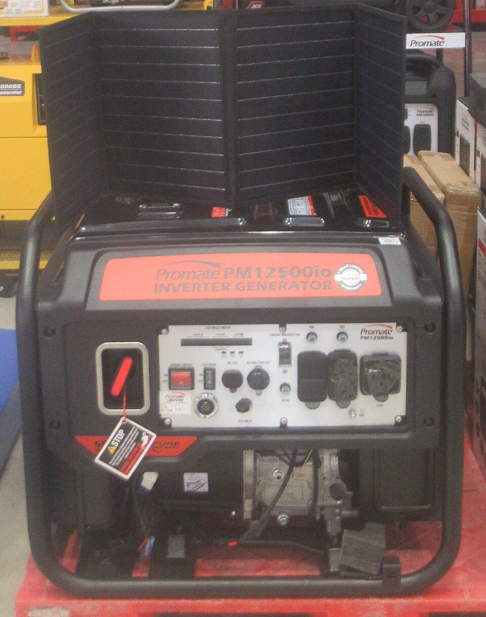 A red and black open-frame gasoline inverter generator inside a black tube frame, for storm prep in Daphne, AL